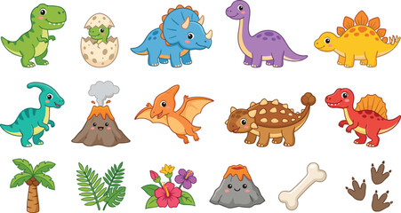 Cute Cartoon Baby Dinosaur Vector Character Collection with Pterodactyl Spinosaurus Volcano Hatching Egg and Prehistoric Nature Elements for Nursery Graphic Design © Creative collection