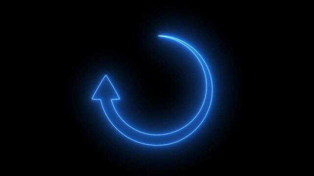 Animated white circular neon arrow icon on a black background, representing refresh, reload, or cycle.Animated rotating circular arrow for loading process update and refresh