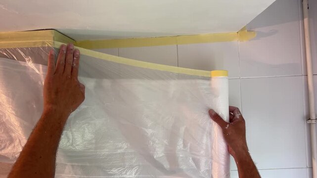 Man protecting kitchen furniture for painting a home