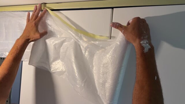 Painter preparing kitchen cabinets for painting renovation