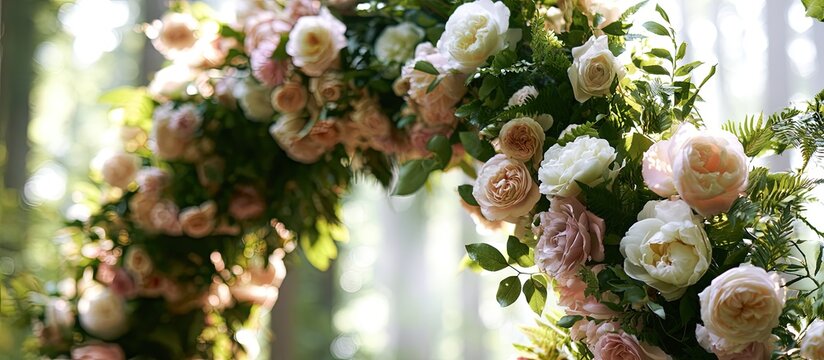 Lush floral arch adorned with roses and greenery in soft focus