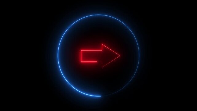 Glowing neon red and blue color direction right arrow sign icon animation circle sign symbol on black background
