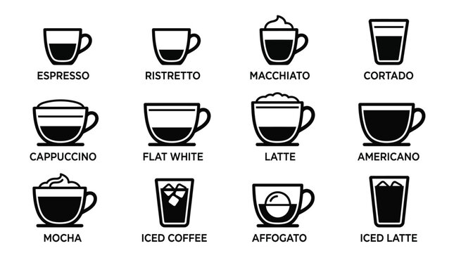 Minimalist vector graphic set showing twelve different types of coffee beverages for menu design layouts