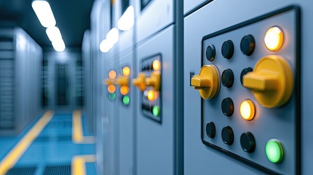 Industrial control panel with glowing indicator lights and yellow switches