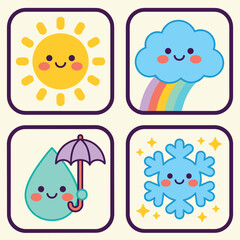 Obraz premium Cute weather forecast sticker icon set with sun and rainbow
