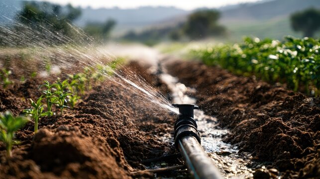 Irrigation system watering young plants in a field under natural light