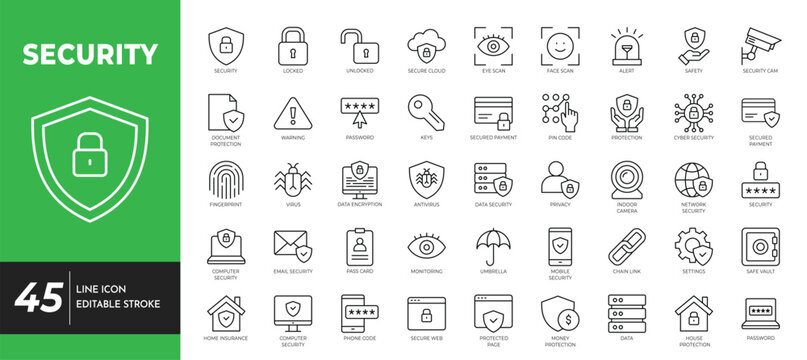 Security icon set. Containing safety, insurance, data protection, encryption, locked, password, cybersecurity and more. Editable stroke. Vector illustration	
