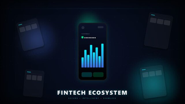 Immersive digital financial ecosystem concept with a smartphone showcasing secure online transactions, data visualization, and connected modern banking technology