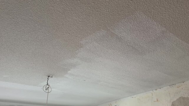 Person painting a textured ceiling white with a paint roller