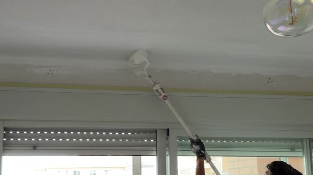 Professional painter using a paint roller on a white ceiling