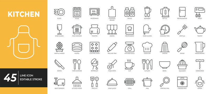 Kitchen icon set. Editable stroke