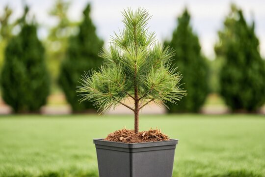 Young pine seedling in a square pot, outdoors, with blurred trees in background