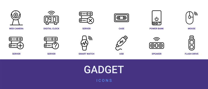 Set of 12 outline web Gadget icons such as flash drive, speaker, usb, smart watch, server, server, mouse vector icons for report, presentation, diagram, web design, mobile app