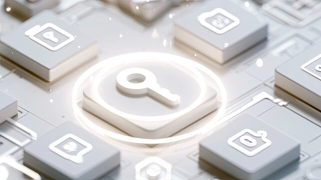 Illuminated key icon on a digital grid surrounded by other icons