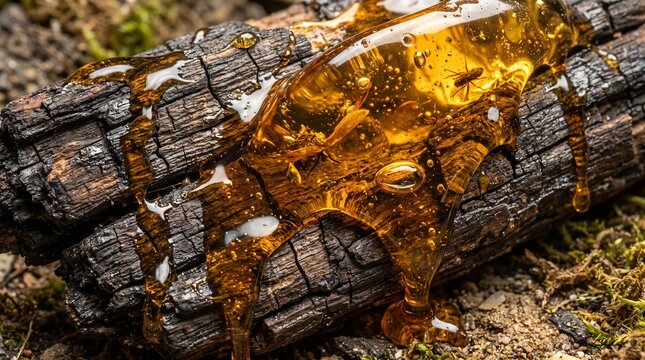 Amber-like Resin Dripping on Fossilized Wood, Preserving an Insect on the Forest Floor, Macro View