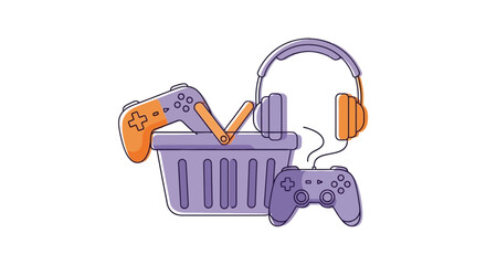 Game controllers and headphones with a shopping basket © toni