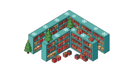 Isometric christmas themed bookshelves with gifts and trees © toni
