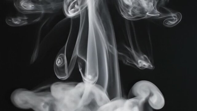 Graceful wisps of white smoke rising vertically and curling into symmetrical patterns against a solid black background, creating elegant trails and swirling plume effects.