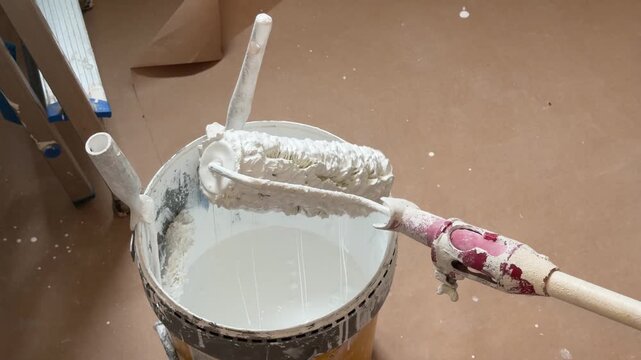 Hand picking up white paint with a roller and painting a ceiling