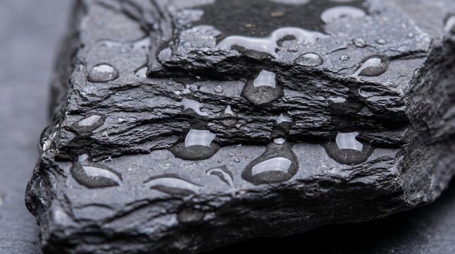 Macro perspective of water interacting with layered shale rock, showcasing natural textures