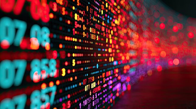 Illuminated digital stream of glowing data, numbers, and colorful pixels