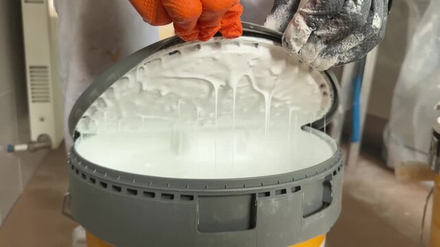 Painter opening a large bucket of white paint for home renovation