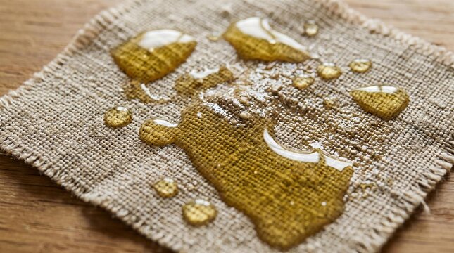 Golden borage oil droplets on natural linen fabric showing absorption or repellent properties