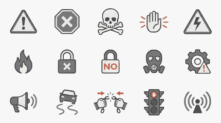 Fototapeta premium Professional Set of 15 Prohibited and Warning Icons in Monochrome and Red Accents for Safety Security and Technology Use