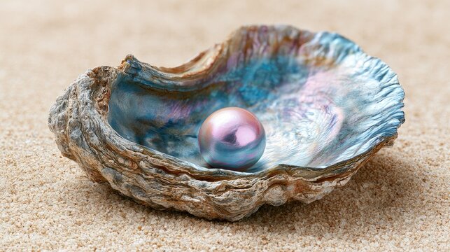 Iridescent pearl resting in a rough, open seashell on a sandy surface
