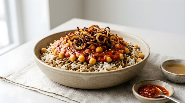 Kushari or Koshary traditional Egyptian street food dish with rice, macaroni, lentils, chickpeas, and crispy fried onions in a bowl