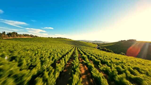 Aerial view of green vineyard rows stretching across rolling hills under a bright blue sky with solar flare. Agricultural landscape showing grape vine cultivation for wine production.