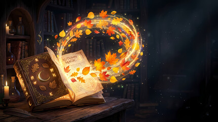 Magical autumn leaves swirling out of an open antique book, creating a portal of wonder and fantasy © Eryck Gusdian