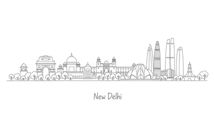 Obraz premium New Delhi skyline outline in black and white, iconic landmarks and modern architecture