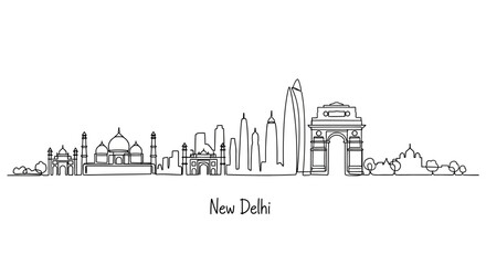 Obraz premium New Delhi Skyline Silhouette - Iconic Landmarks in Line Art