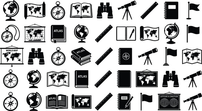 Geography and exploration icon bundle featuring globes world maps compasses binoculars telescopes atlases notebooks and travel research silhouette vector symbols for education design