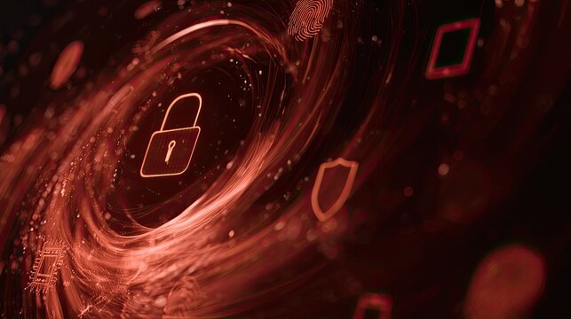 Abstract digital vortex with lock, shield, and fingerprint icons, red