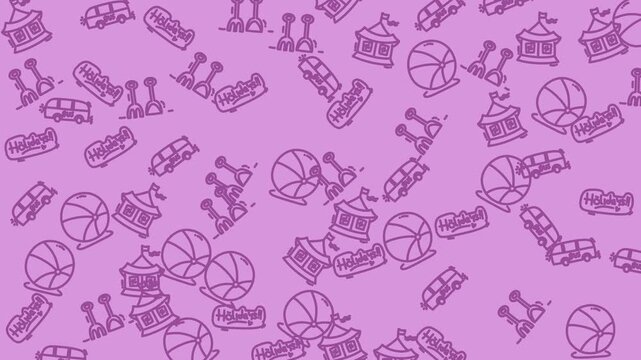 Vibrant, colorful graphic design featuring a carousel tent bus, amusement balloon fair elements on a purple background. Ideal for childrens party decorations and event flyers.