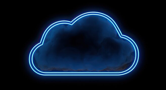 Electric blue neon cloud outline frames dark, stormy interior