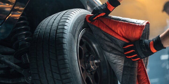 Mechanic hands removing tire heating blankets from a racing car wheel before a high speed race