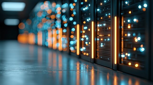 Rows of glowing server racks in a dark data center