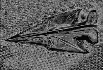 Origami paper airplane graphic illustration on black and white grunge background

