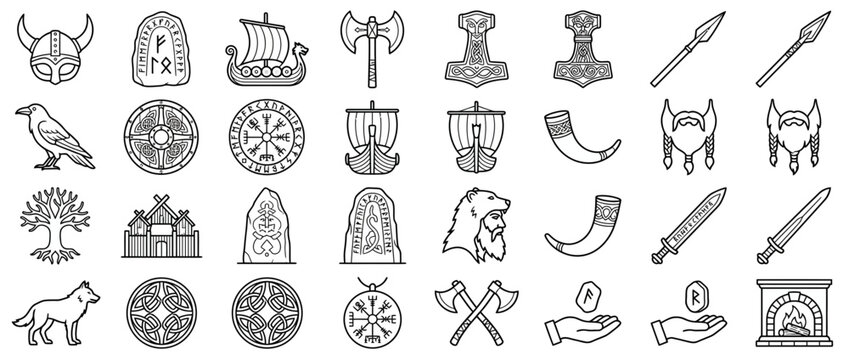Set of Hand Drawn Viking and Norse Mythology Line Art Icons