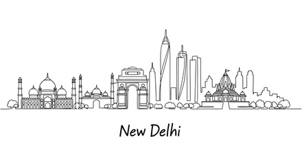 Obraz premium New Delhi Skyline - Iconic Landmarks Silhouette, India Architecture Vector