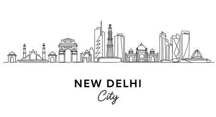 Obraz premium New Delhi Skyline Black and White Line Art Cityscape - India Landmarks