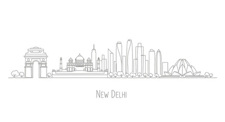 Naklejka premium New Delhi Skyline Cityscape: India Gate, Lotus Temple, Modern Buildings
