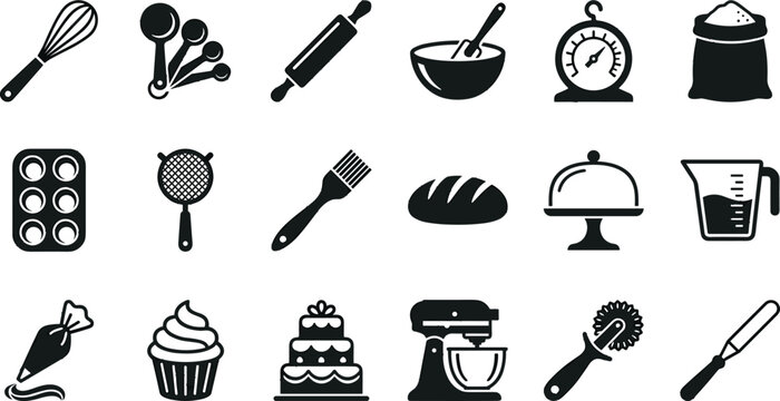 Baking pastry black vector icons 6x3 featuring whisk measuring spoons rolling pin bowl kitchen scale flour jar muffin pan sifter pastry brush bread stand cup and piping bag for web mobile apps