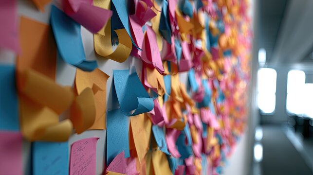 Vibrant wall covered with colorful, curled sticky notes in soft focus