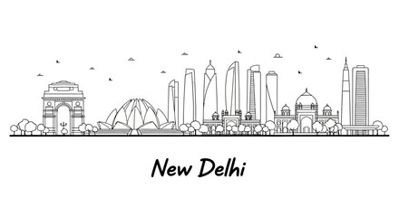 Fototapeta premium New Delhi Skyline Line Art - India Gate, Lotus Temple, Modern Buildings & Architecture