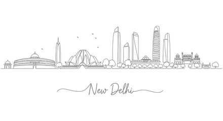 Naklejka premium New Delhi Skyline Line Art: Iconic Landmarks Silhouette Illustration