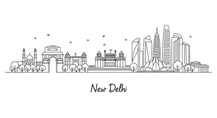 Obraz premium New Delhi Skyline Outline - Famous Landmarks and Modern Architecture